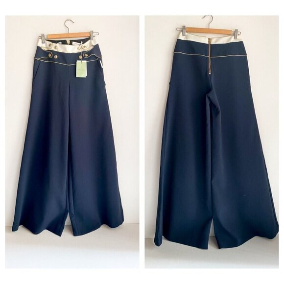 Pierre Balmain Wide Leg Knit Sailor Style Navy BLue Palazzo Pants 36